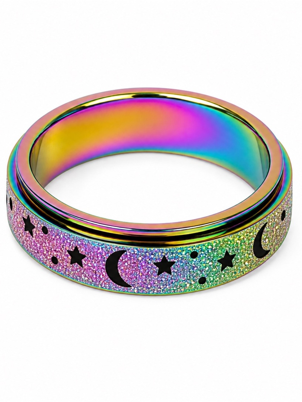 Unisex Titanium Stainless Steel Finger Spinner Fidget Ring Rainbow Celestial Moo
